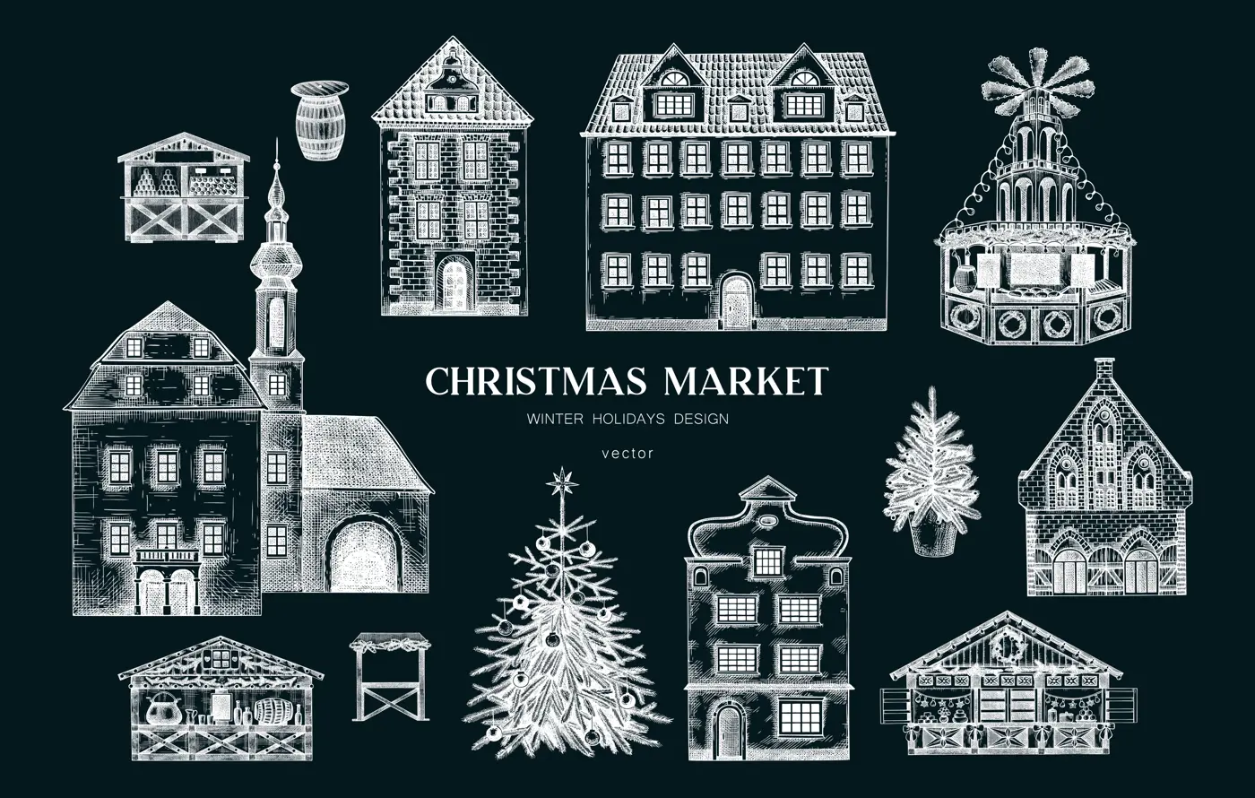 Vintage Christmas background. Architecture sketch. European fair banner on chalkboard. Christmas market hand-drawn vector illustration.NOT AI generated Illustration